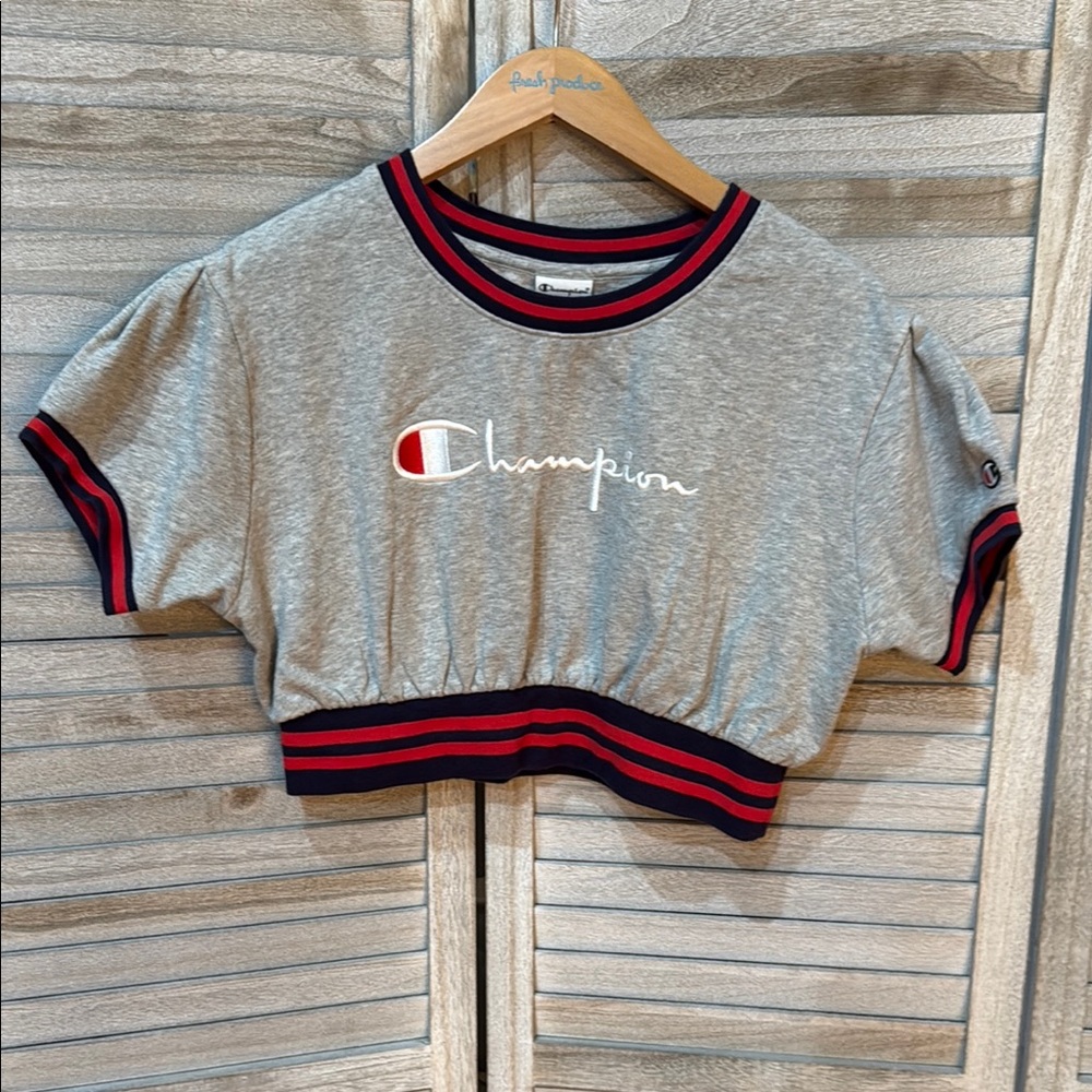 Champion Heather Gray Crop Top with Red and Black Trim